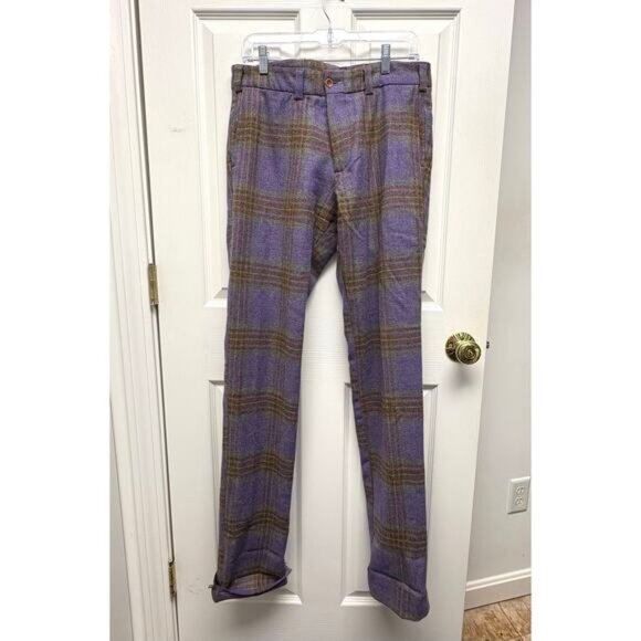 NWOT Wool Plaid Pants Bills Khakis Purple Green Tartan Unhemmed Men’s Size 33 - Picture 1 of 7